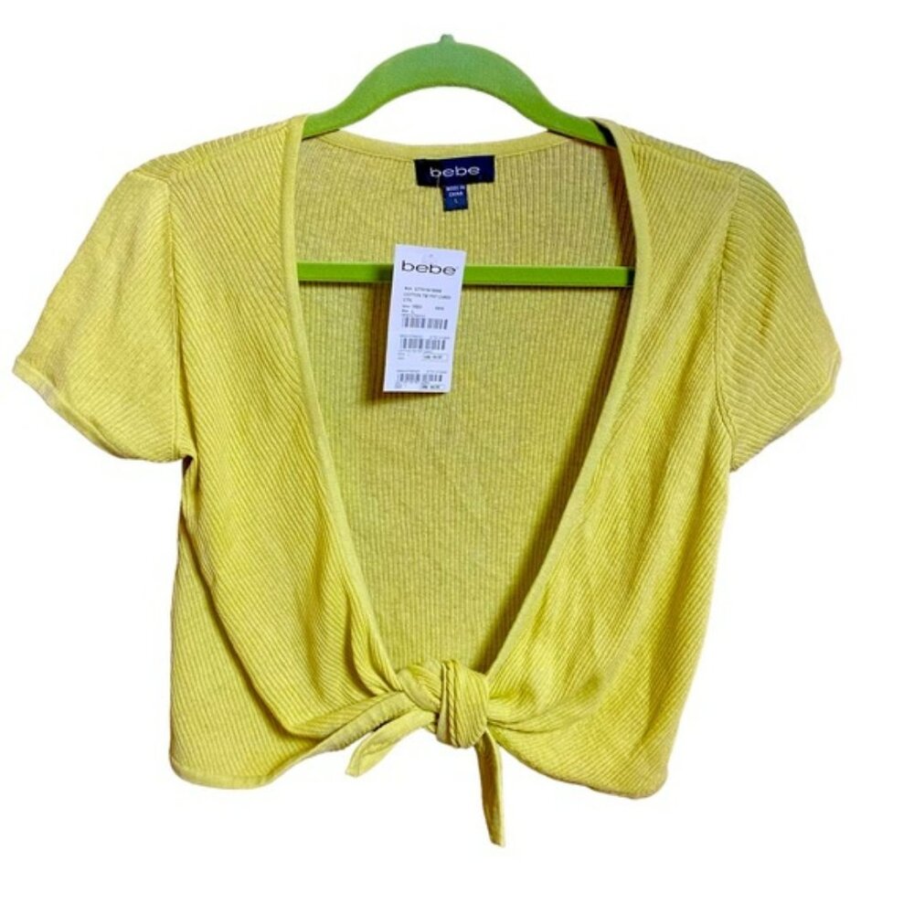 Bebe Open Knit Yellow‎ Short Sleeve Cotton Tie Cardigan Size Large